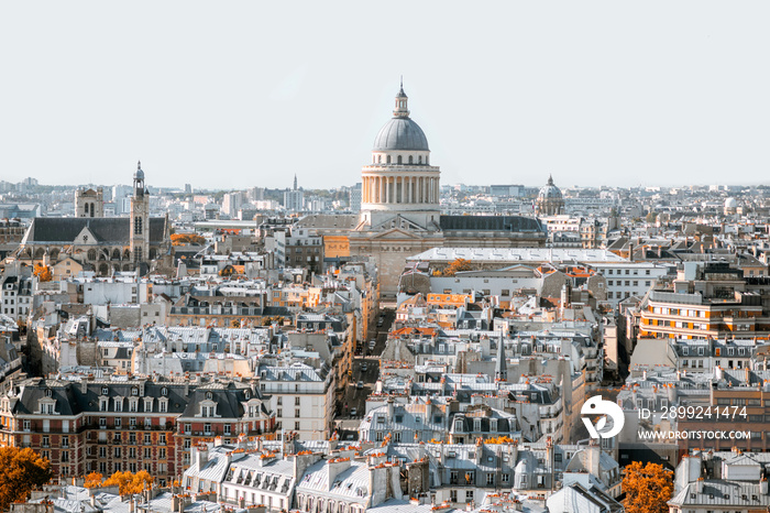 Aerial panoramic view of Paris from the Notre-Dame cathedral with Pantheon building during the morning light in France