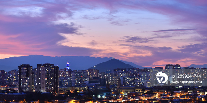 Santiago de Chile sunset. A beautiful panoramic view of the skyline, moderns and classics buildings of Chile in South America