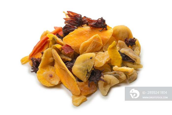 Mix of dried exotic fruit, mangos,slices of pineapples, passion fruit, papaya.