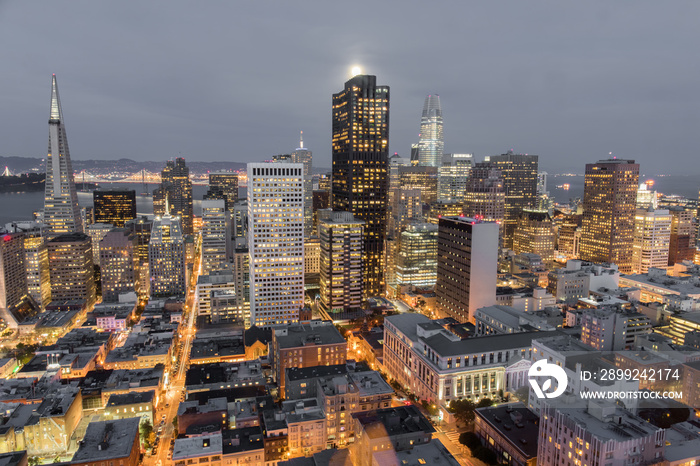 Moonshine over San Francisco Downtown. Aerial view of San Francisco Financial District at seen from Nob Hill.