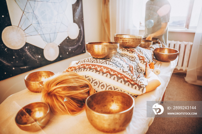 Tibetan copper bowl for meditation, close-up photo