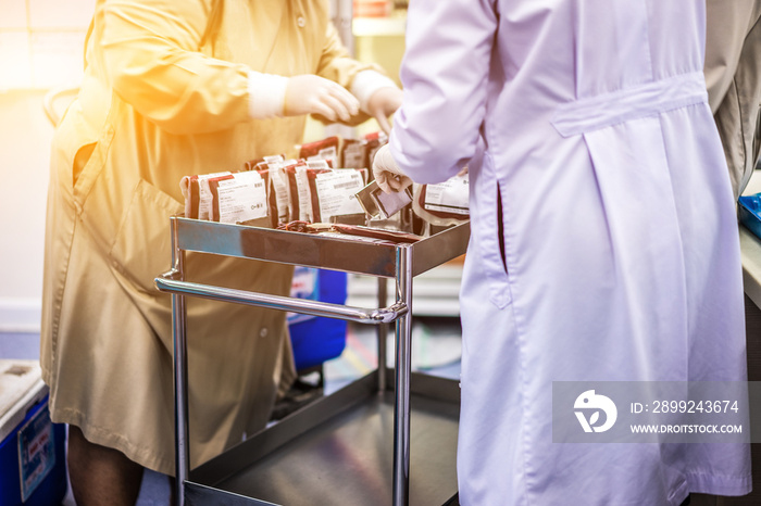 Blood in the blood bank that is being collected by a team of expert doctors