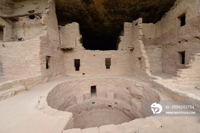 Closeup view of the structures and ruins at the Anasazi cliff dwellings of Mesa Verde National Park in Colorado