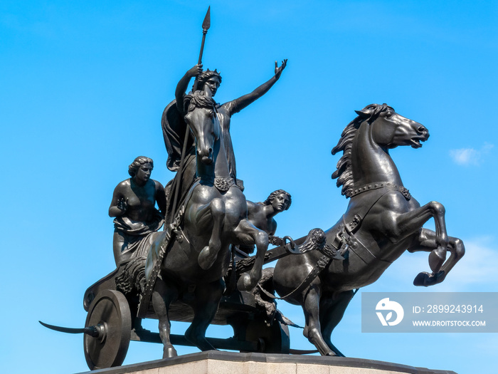 Boudicea and Her Daughters bronze monument statue erected in 1902 at the end of Westminster Bridge in London England UK, the queen was also known as Boudica or Boudicca, stock photo