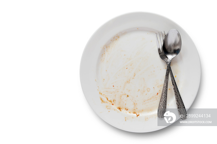 Top view of empty plate, dirty after the meal is finished isolate with clipping path and copy space for text on right area,