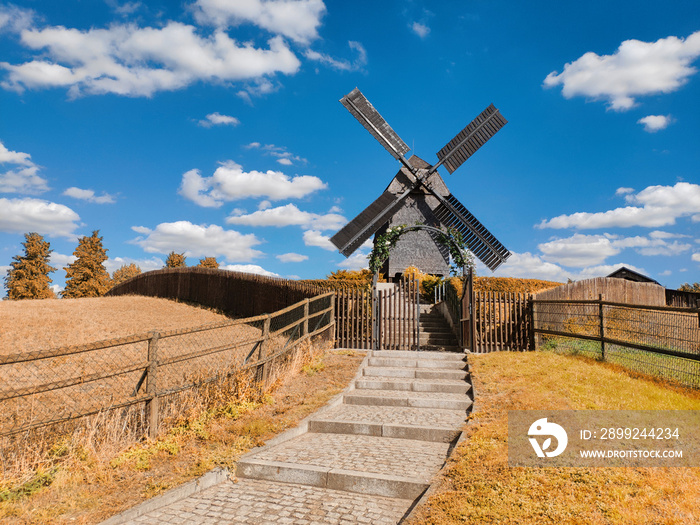 Historical windmill in Marzahn, Eastern Berlin, Germany, on a bright day