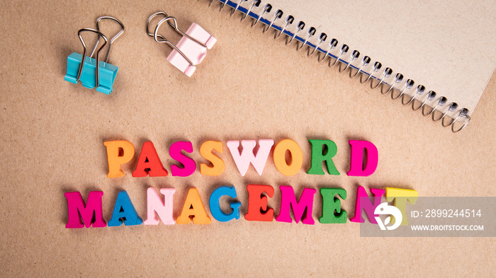 Password Management. Colorful wooden letters on cardboard