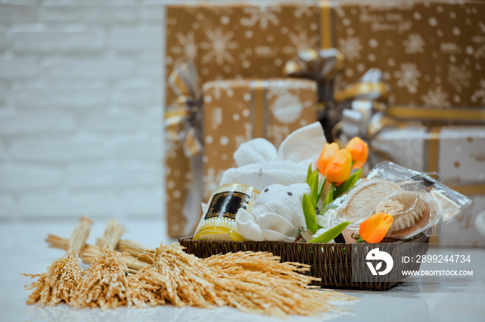 Soft focus and background blurred Gift Baskets, Gift set .Holiday and Christmas and New year present Concept