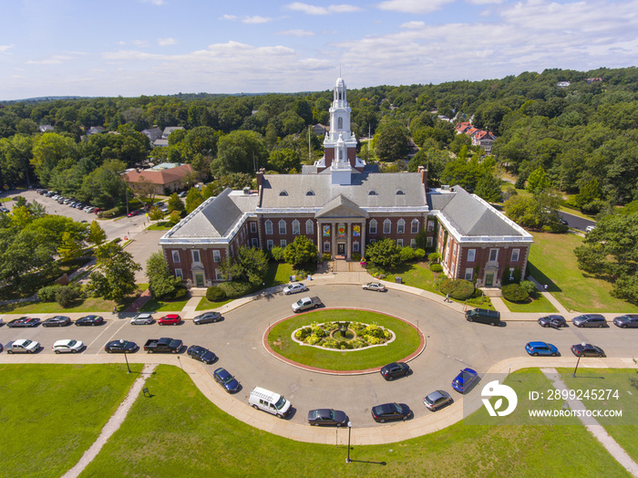 Newton City Hall aerial view in downtown Newton, Massachusetts, USA.