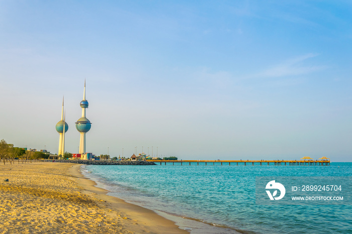 View of the Kuwait Towers - the best known landmark of Kuwait City - from a beach