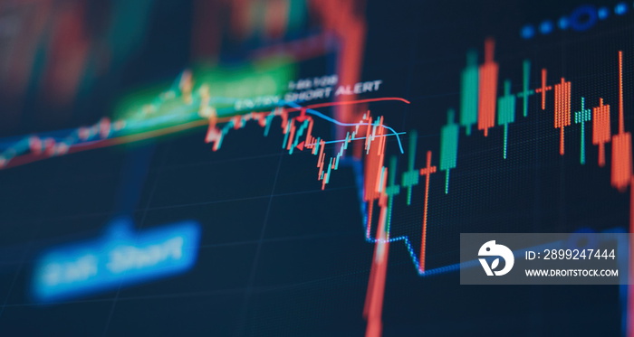 graph and indicator, red and green candlestick chart on blue theme screen, market volatility, up and down trend. Stock trading, crypto currency background.