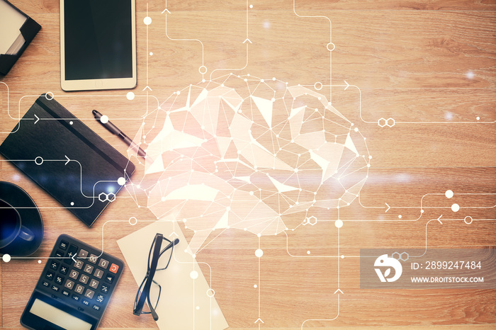 Double exposure of brain sketch and table top veiw. Concept of data analysis.