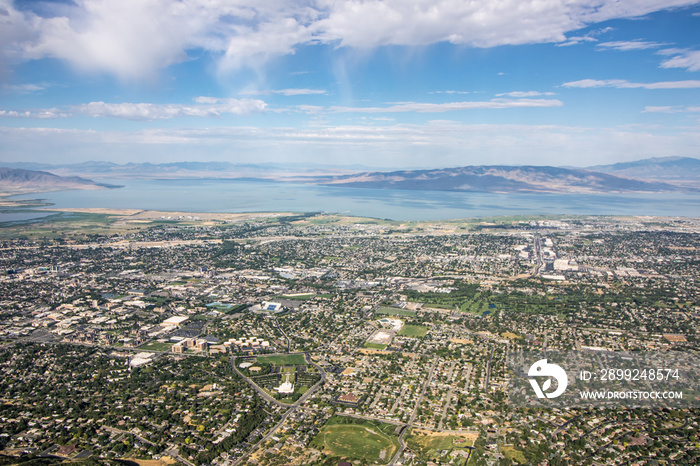 Aerial view of Salt Lake City, Utah from nearby mountain peak