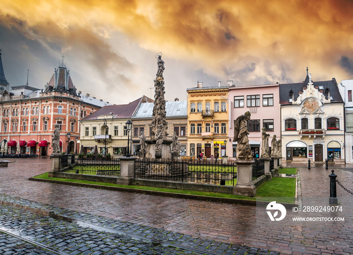 Kosice main street in city center with Plague Column