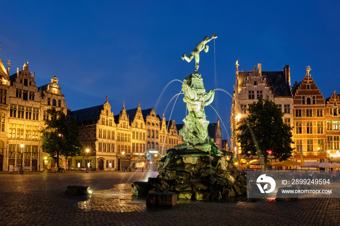 Antwerp Grote Markt with famous Brabo statue and fountain at night, Belgium