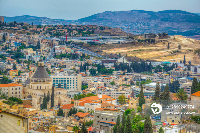 Cityscape of Nazareth with Basilica of the annunciation, Israel