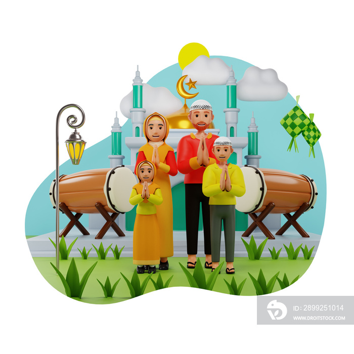 Muslim Family Praying Near Bedug 3D Character Illustration