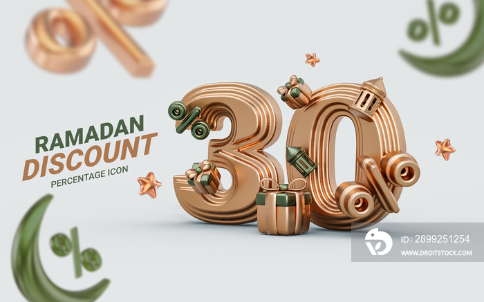 Ramadan and Eid sale banner template Discount 30 percent 3d render crescent moon, lantern gift box