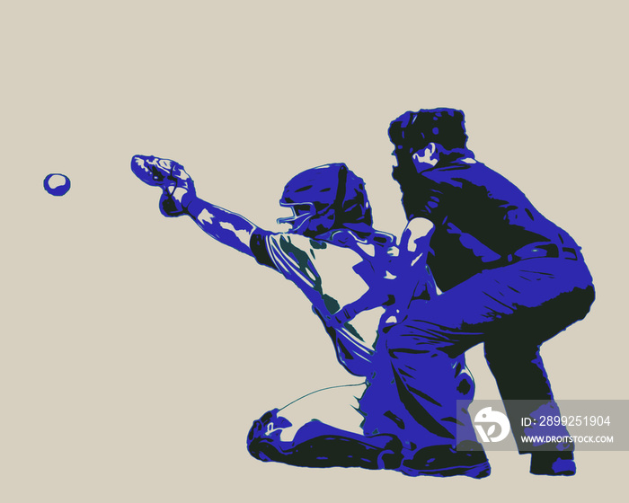 illustration of catcher and umpire in baseball game as the ball is on the way