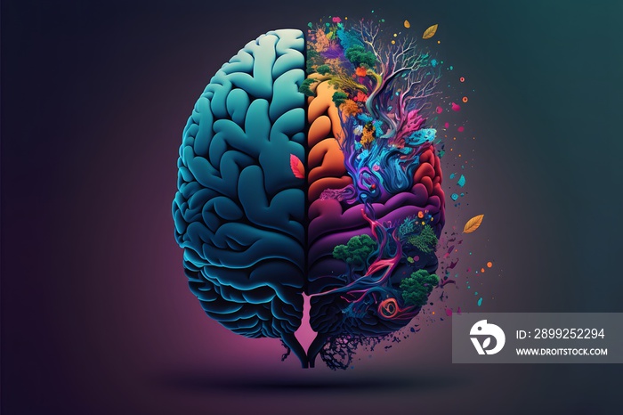 Human Brain. Right brain left brain. Graphic Illustration of the human brain. Alzheimer’s. Colorful. Vibrant. Modern. Science. Scientific. Medical. Doctor. Skeleton. Model. Biology. Anatomy. X-Ray