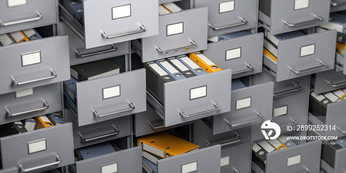 File cabinet full of foders. Storage, organization and administration concept.