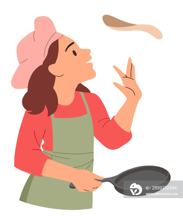 Girl flipping pancake in pan illustration. Cartoon funny woman in chefs apron and hat frying and tossing hot crepe on skillet, cooking breakfast food or gourmet dessert in home kitchen