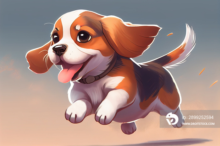 Cute cartoon beagle dog anime plays runs and smiles.
