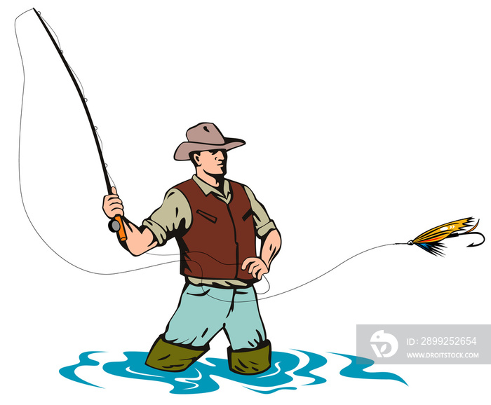 illustration of a fly fisherman casting rod and reel done in retro style