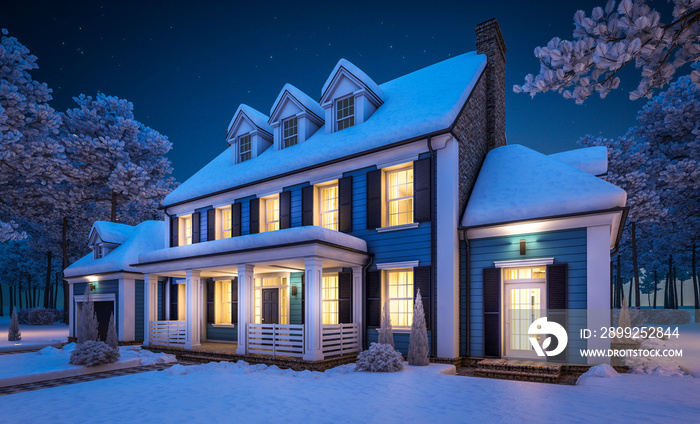 3d rendering of modern classic house in colonial style in winter night3d rendering of modern cozy classic house in colonial style with garage and pool for sale or rent with beautiful landscaping on ba