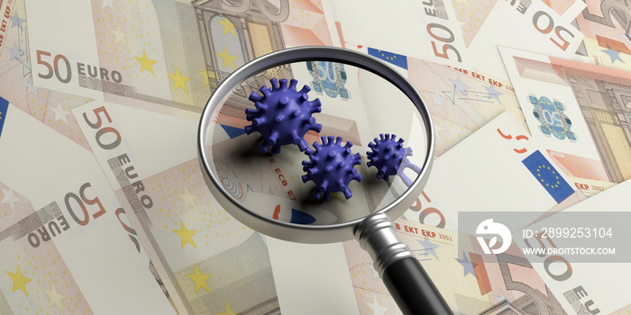 COVID19 Coronavirus infection, medical magnifier on euro banknotes background. 3d illustration