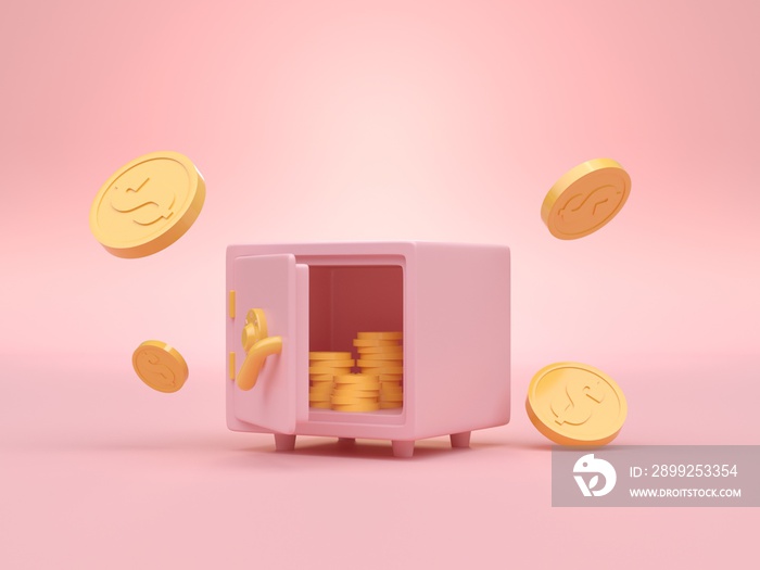 Open Safe Box with 3D Coins. 3D render