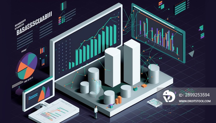 Business analytics and data management system. Data Management System on computer to make report. Corporate strategy for finance operations sales marketing on virtual computer. Graph chart report