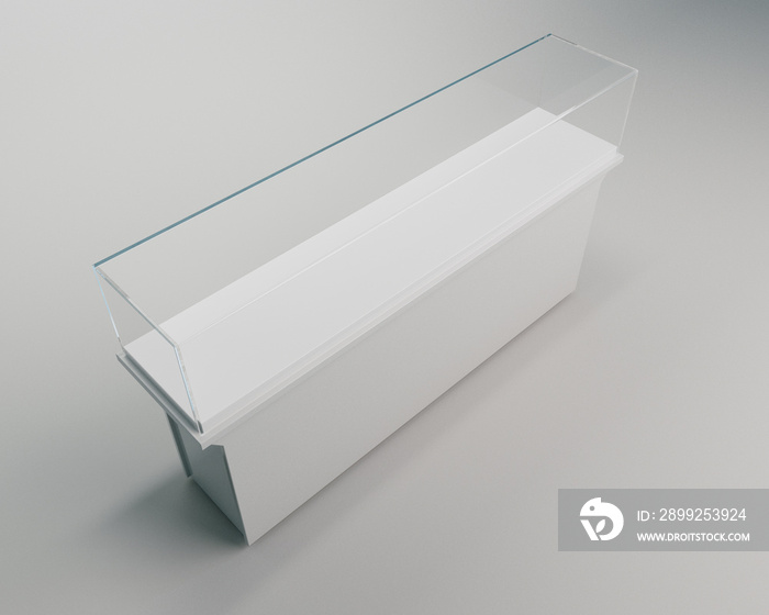A horizontal empty glass display cabinet in a light museum setting  - 3D render