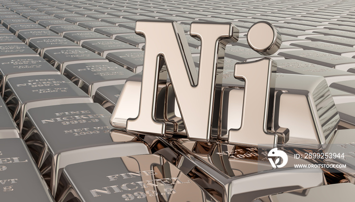 Nickel ingots background with Ni symbol. 3D rendering