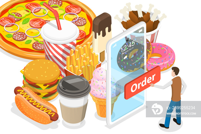 3D Isometric Flat  Conceptual Illustration of Food Mobile Booking.