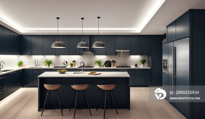 Photo of a spacious kitchen with a stylish island and comfortable bar stools