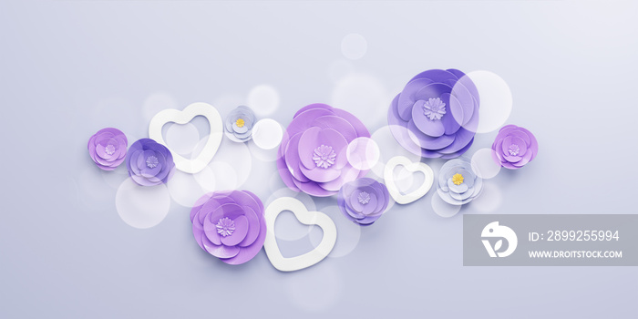 3d Rendering. Design for Mother’s Day and Valentine Day illustration. purple rose flower and heart shape, bokeh on purple background. With Copy space.