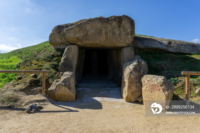 view of the entrance of the Dolmen de Menga in Antequera