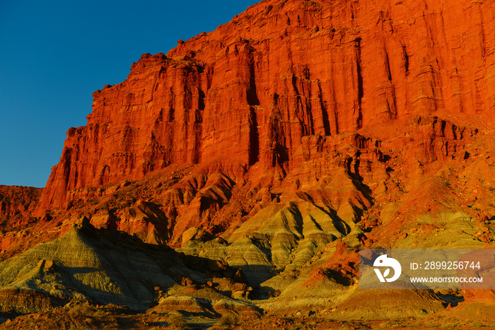 Sunset on the sandstone cliffs of UNESCO World Heritage-listed Ischigualasto Provincial Park, San Juan, Argentina