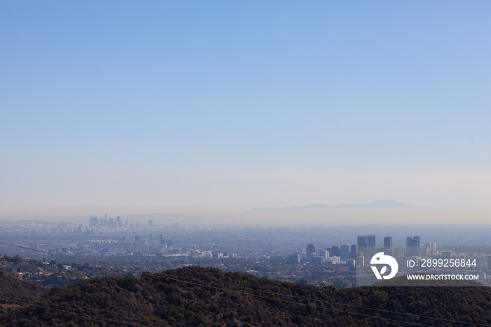 Stunning panoramic view of West Los Angeles from Kenter Trail Hike in Brentwood. Overlooking Santa Monica, Beverly Hills, Hollywood, Culver City with Downtown LA in the horizon.