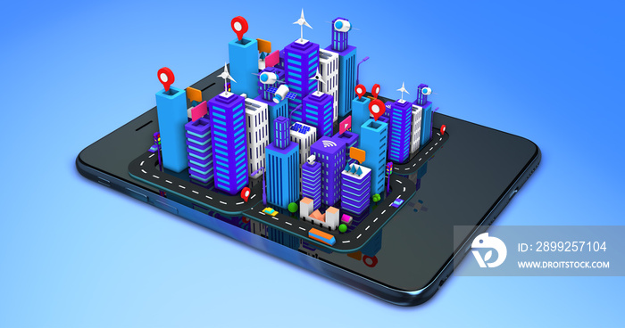 Cartoon Isometric 3D Smart City Concept. Futuristic Life On Smart Tablet. Technology Related 3D Illustration Render.