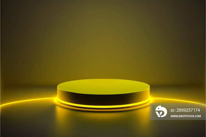 Neon yellow futuristic showcase, round product display stage with glowing background, 3d illustration.