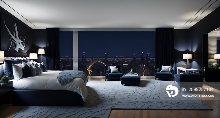 Photo of a contemporary bedroom with a stunning cityscape view