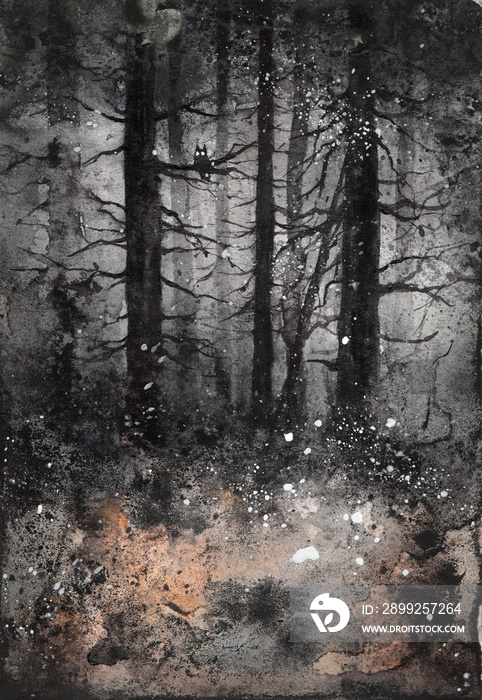 Scary black deep dark forest. Creepy horror watercolor art