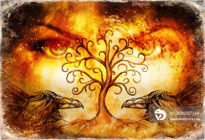 pair of ravens with tree of life symbol and green female goddess eyes on horizon.