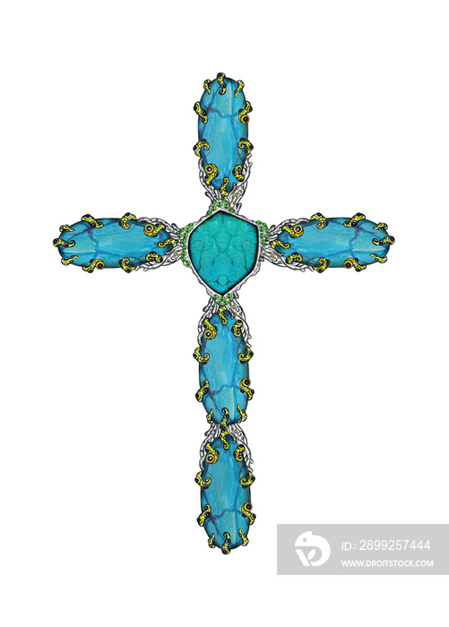 Jewelry Design Turquoise Modern Art Cross.Hand drawing and painting on paper.