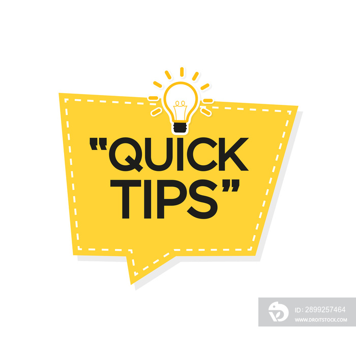 Quick Tips banner with light bulb. Vector background.