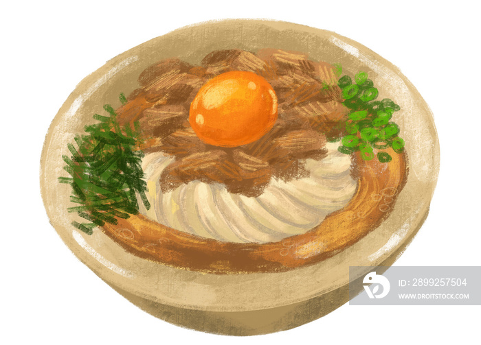 Beef udon noodle soup Japanese food illustration  hand drawing art