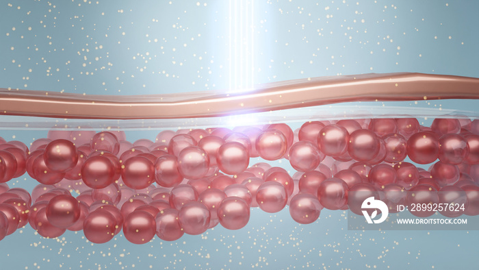 Laser light shot through skin cell to stimulate collagen production. Facial laser treatment concept.