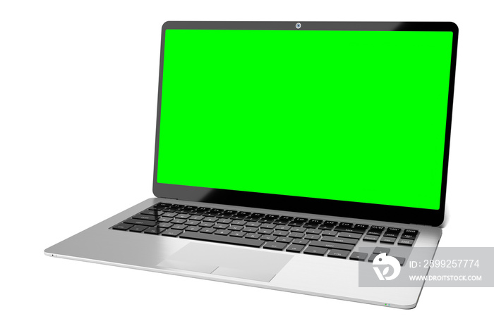 Modern laptop with green screen isolated on transparent background - 3D illustration